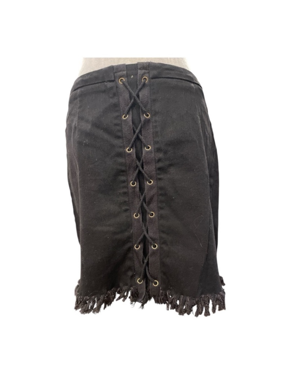 Goth Lace Up Mini Skirt Black Fringe Hem Grunge Festival Y2K - Picture 2 of 6